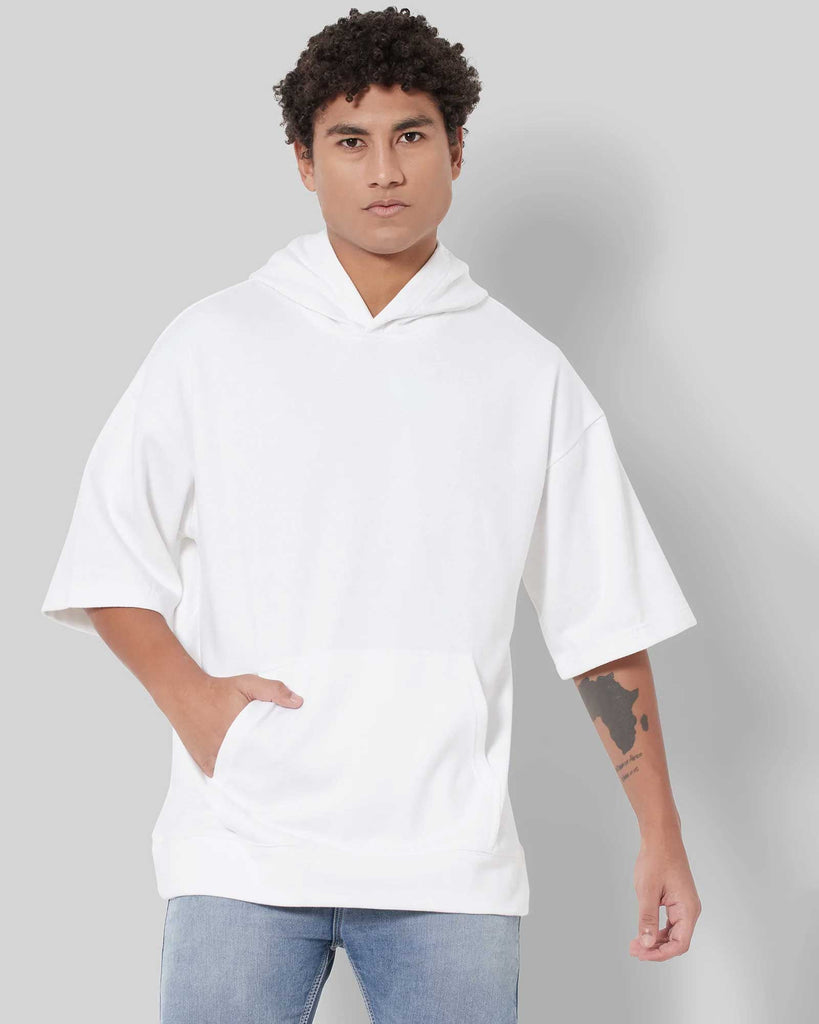 Melangebox Crop Sleeves Oversized Hoodie: Solid White