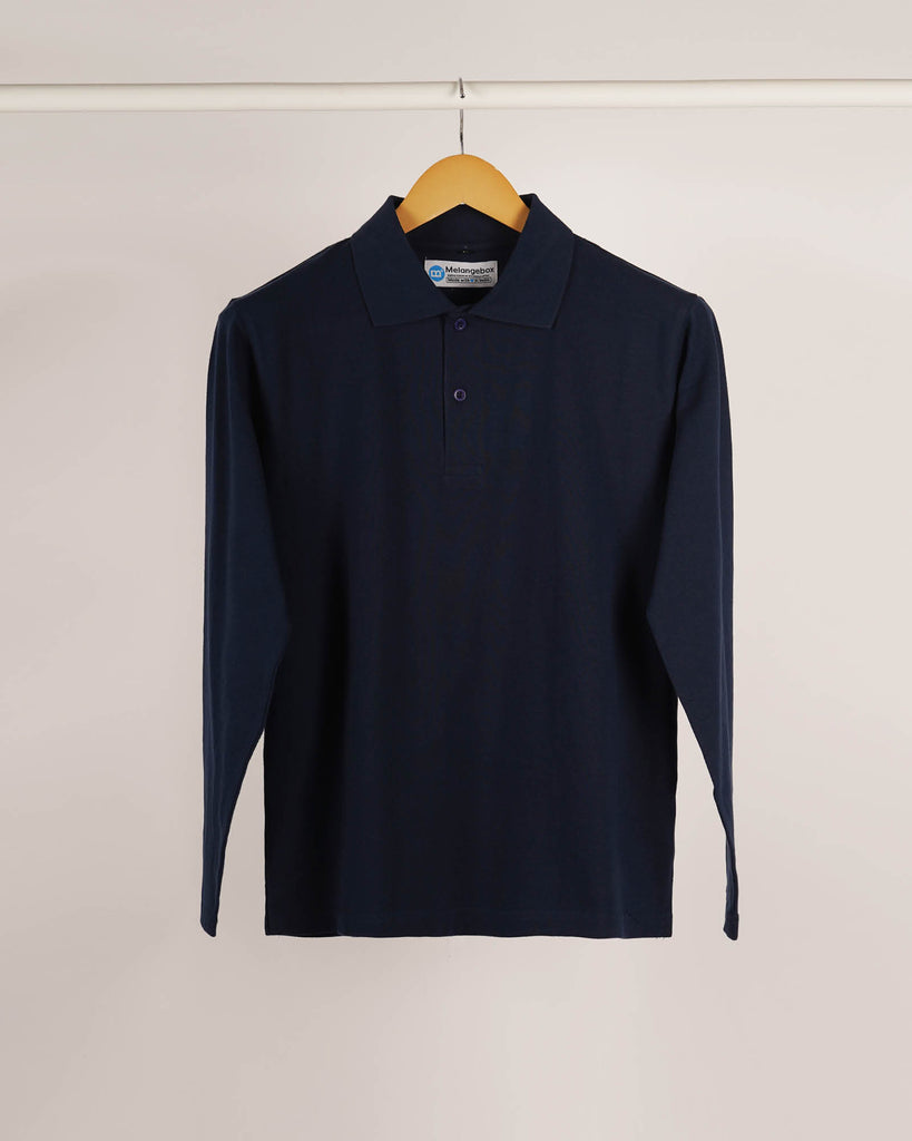 Melangebox Full Sleeves Polo Tee: Navy Blue