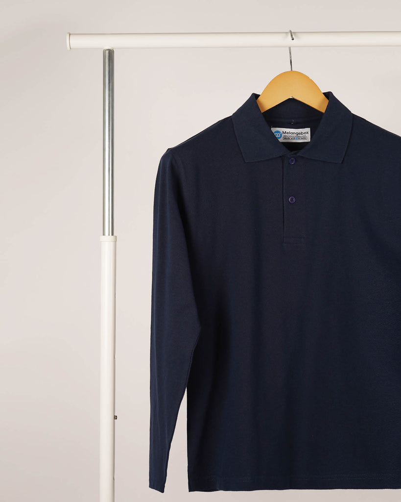 Melangebox Full Sleeves Polo Tee: Navy Blue