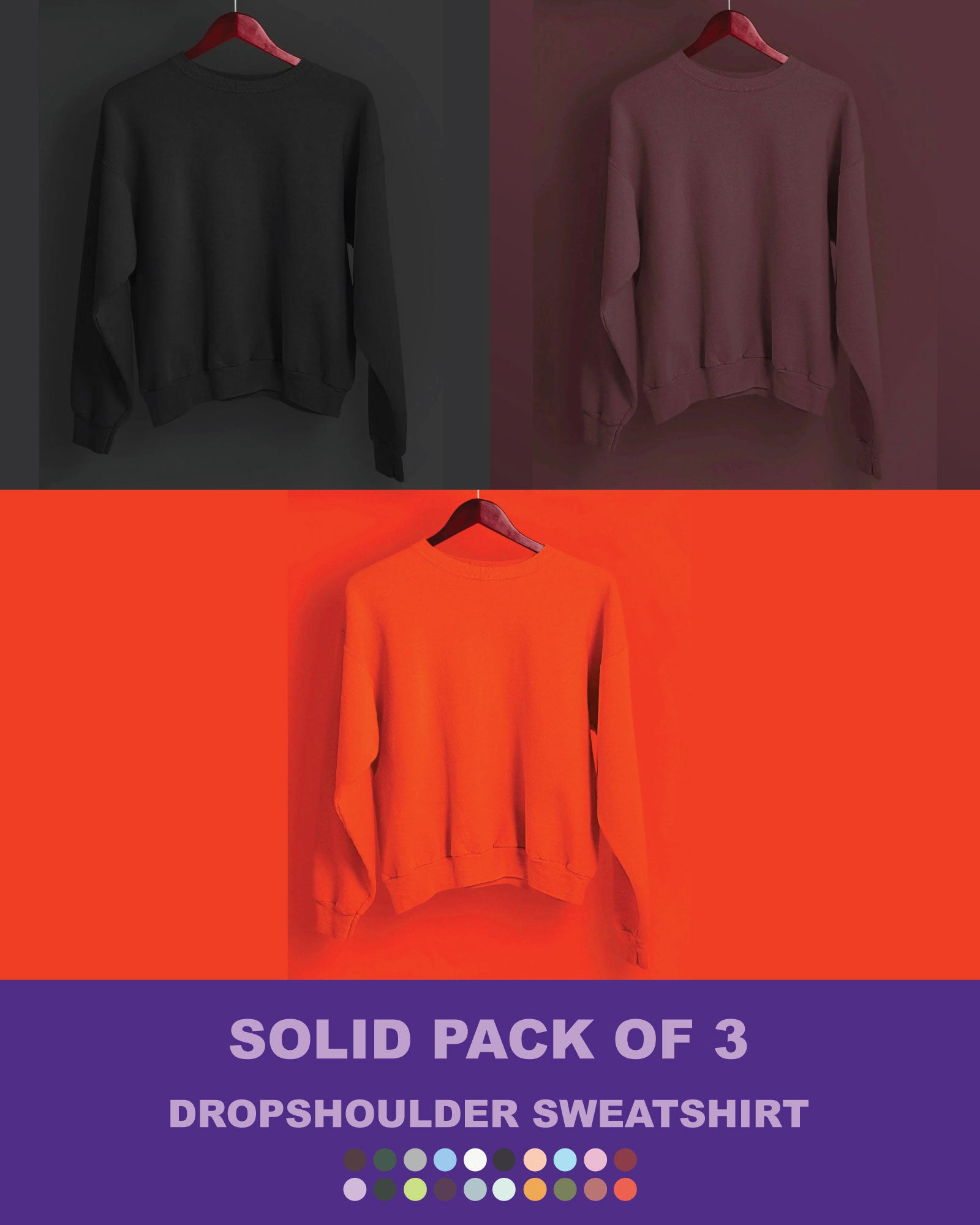 Melangebox Solid Pack of 3: Drop Shoulder Sweatshirt