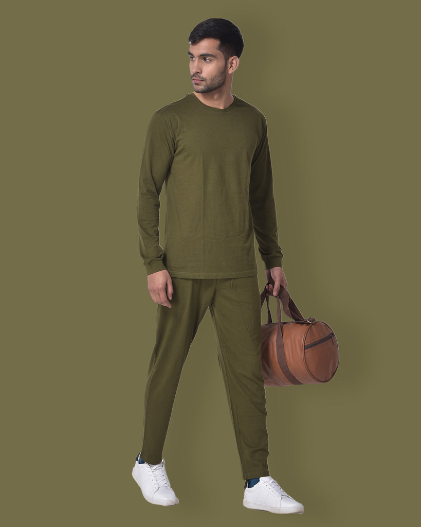 Melangebox Full Sleeves Crew Neck: Olive Green