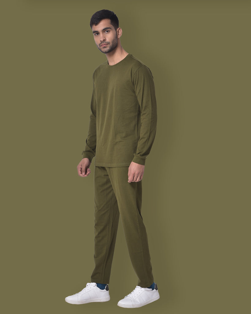 Melangebox Full Sleeves Crew Neck: Olive Green