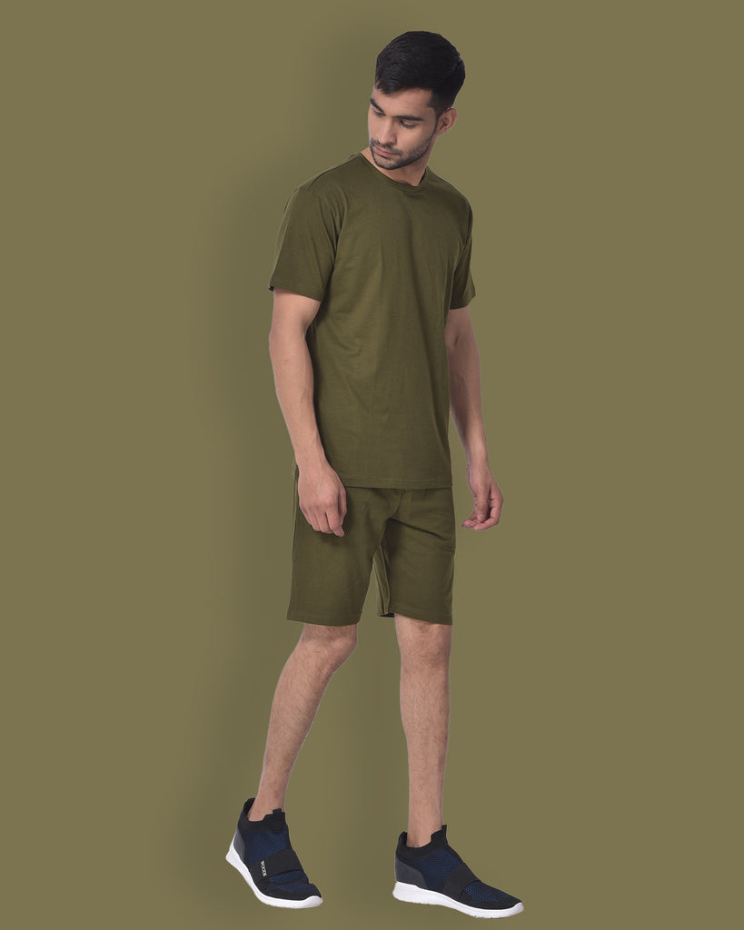 Melangebox Half Sleeves Crew Neck: Olive Green