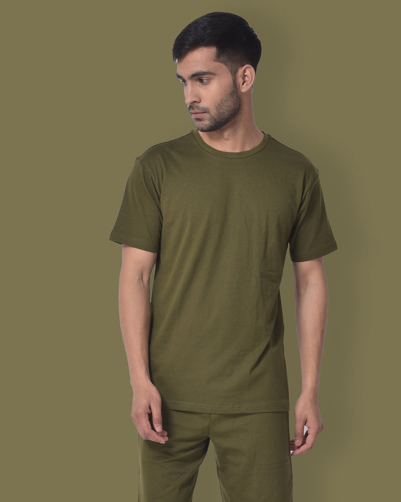 Melangebox Half Sleeves Crew Neck: Olive Green