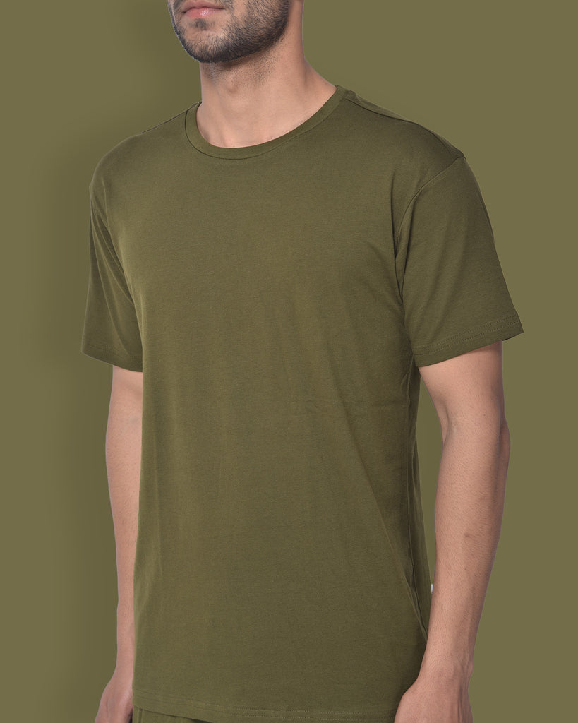 Melangebox Half Sleeves Crew Neck: Olive Green