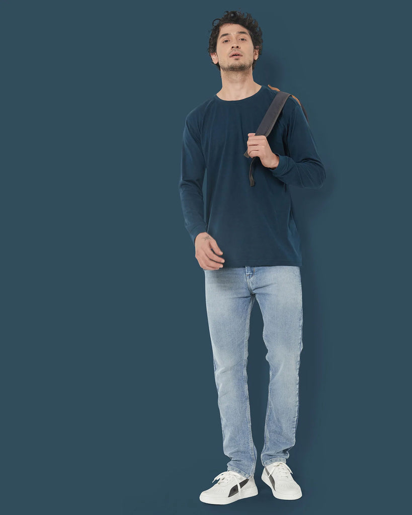 Melangebox Full Sleeves Crew Neck: Deep Teal Blue