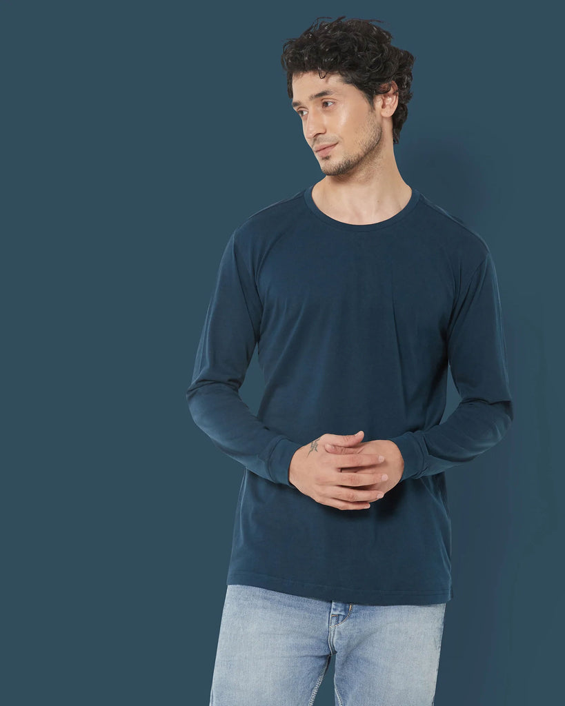 Melangebox Full Sleeves Crew Neck: Deep Teal Blue