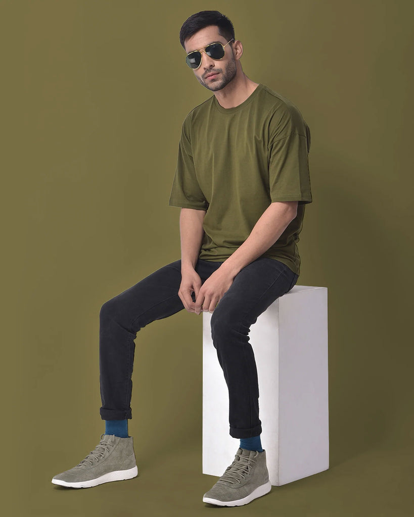 Melangebox Dropshoulder Crew Neck: Olive Green