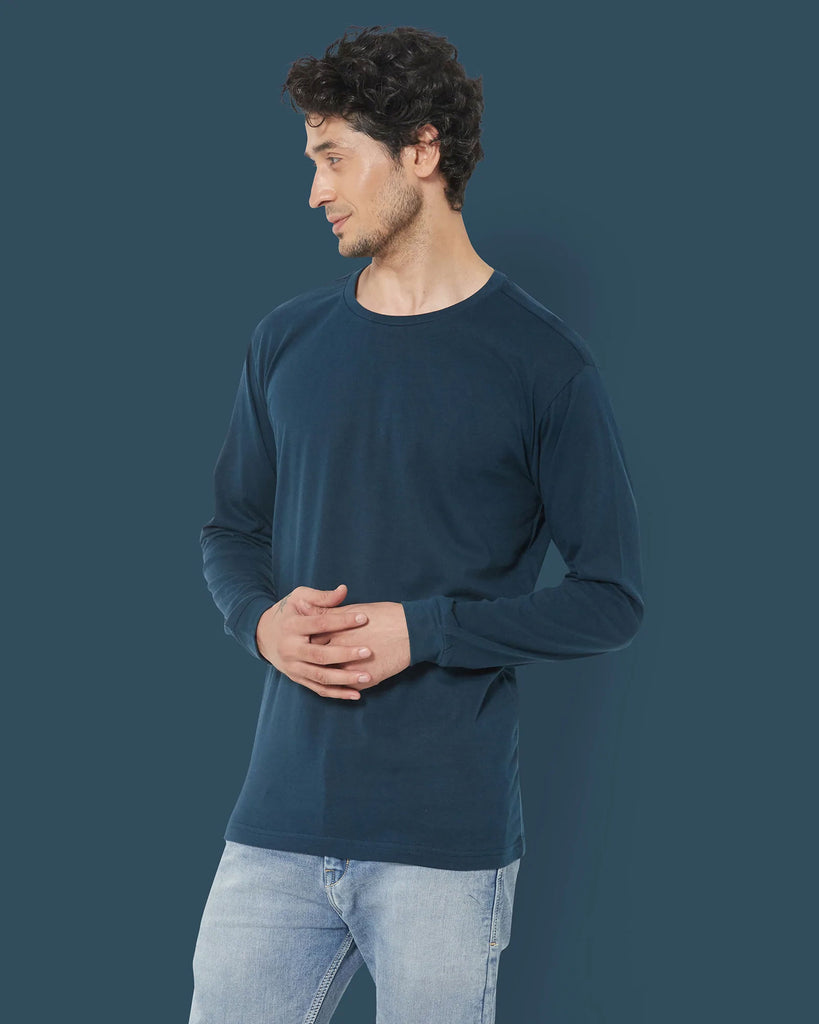 Melangebox Full Sleeves Crew Neck: Deep Teal Blue