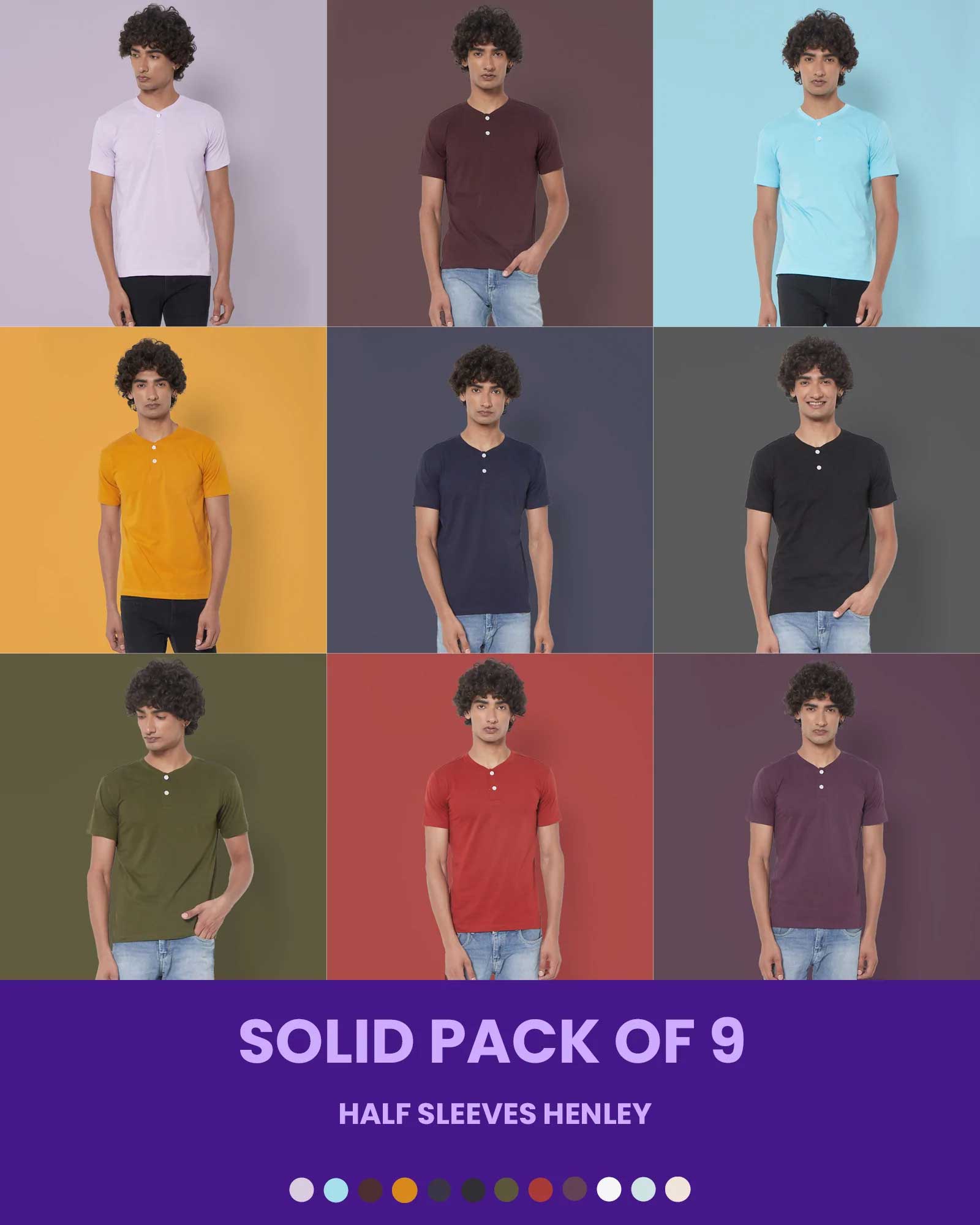 Melangebox Solid Pack of 9: Henley