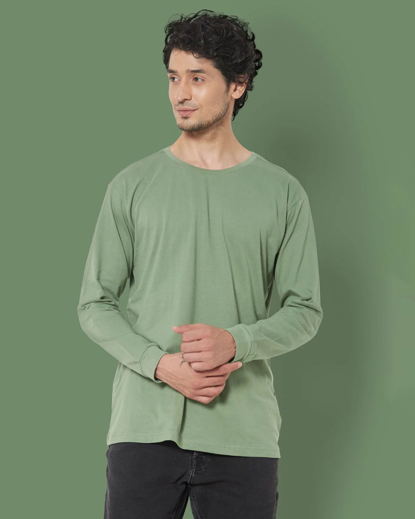 Melangebox Full Sleeves Crew Neck: Sage Green