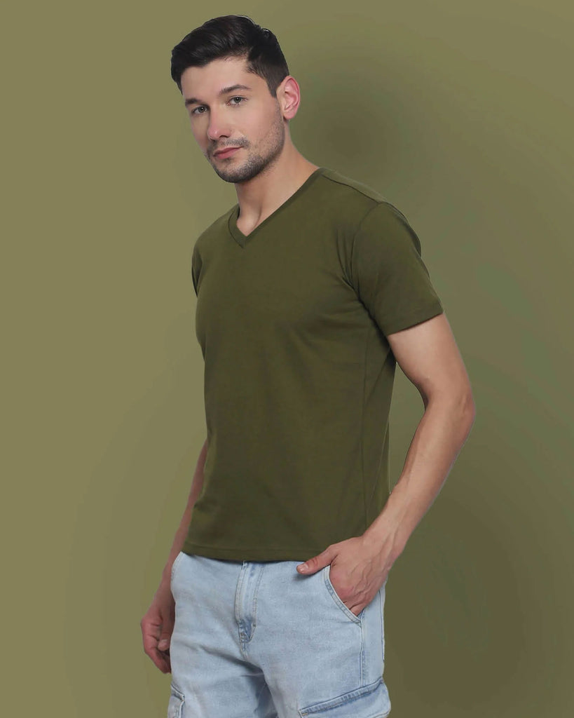 Melangebox V Neck Half Sleeves: Olive Green