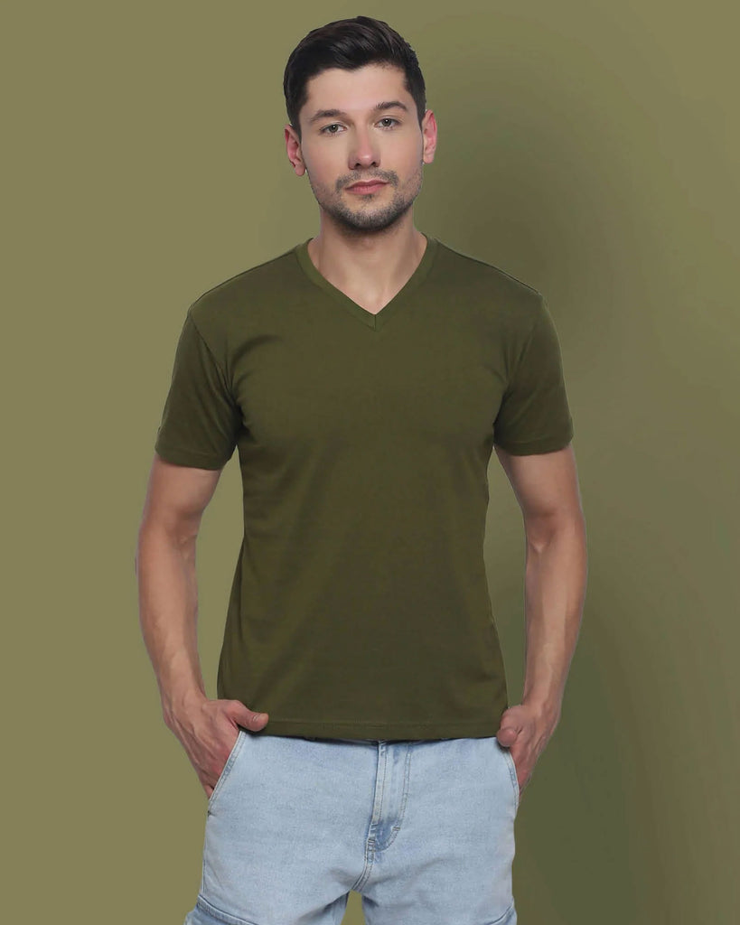 Melangebox V Neck Half Sleeves: Olive Green