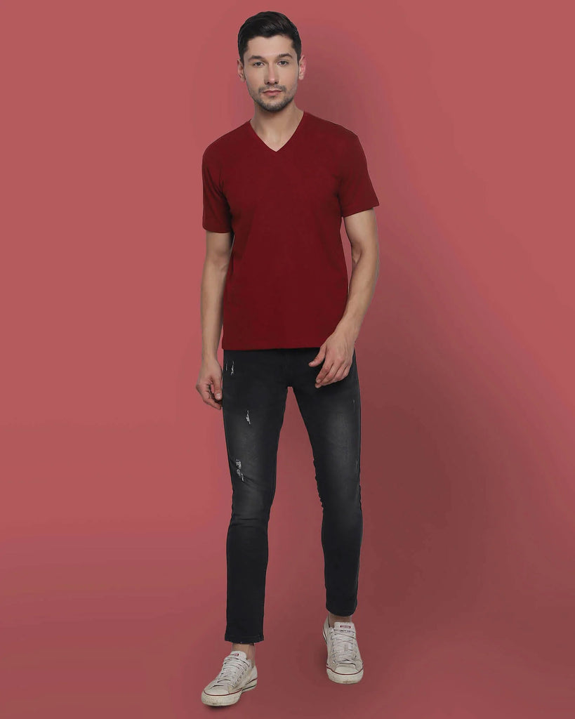 Melangebox V Neck Half Sleeves: Maroon