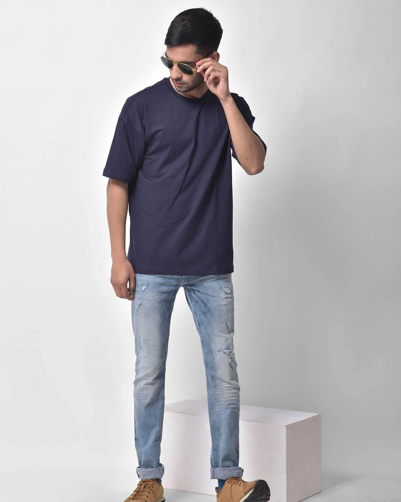 Melangebox Dropshoulder Crew Neck: Navy Blue