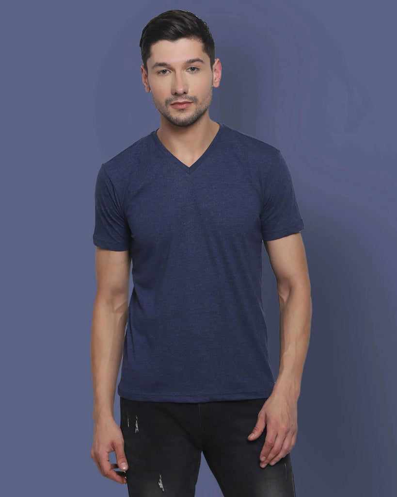 Melangebox V Neck Half Sleeves: Melange Navy Blue