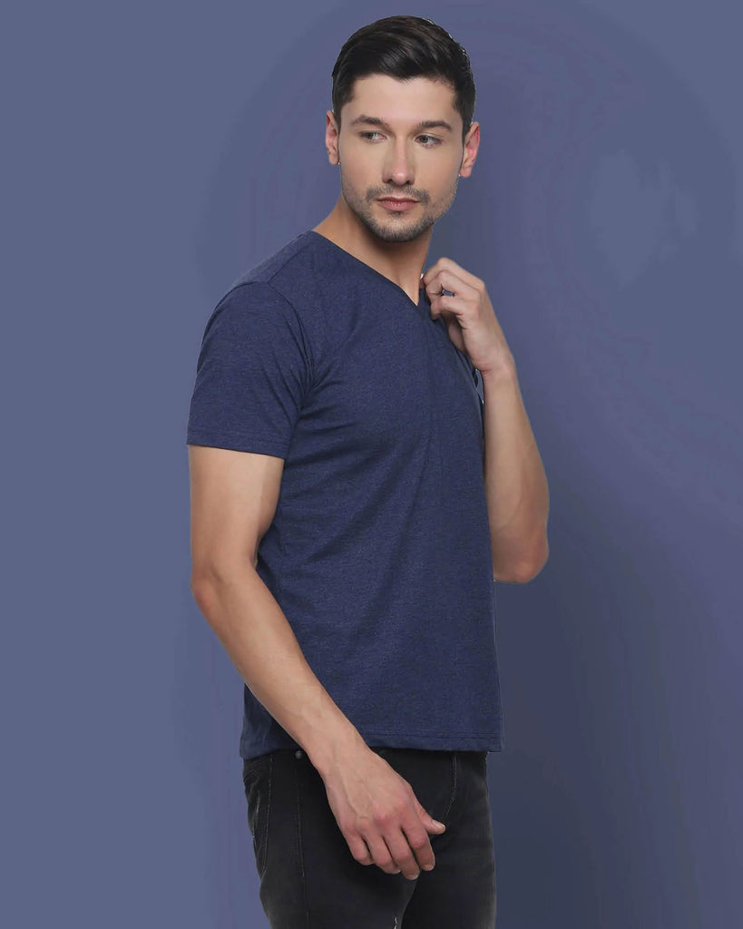 Melangebox V Neck Half Sleeves: Melange Navy Blue