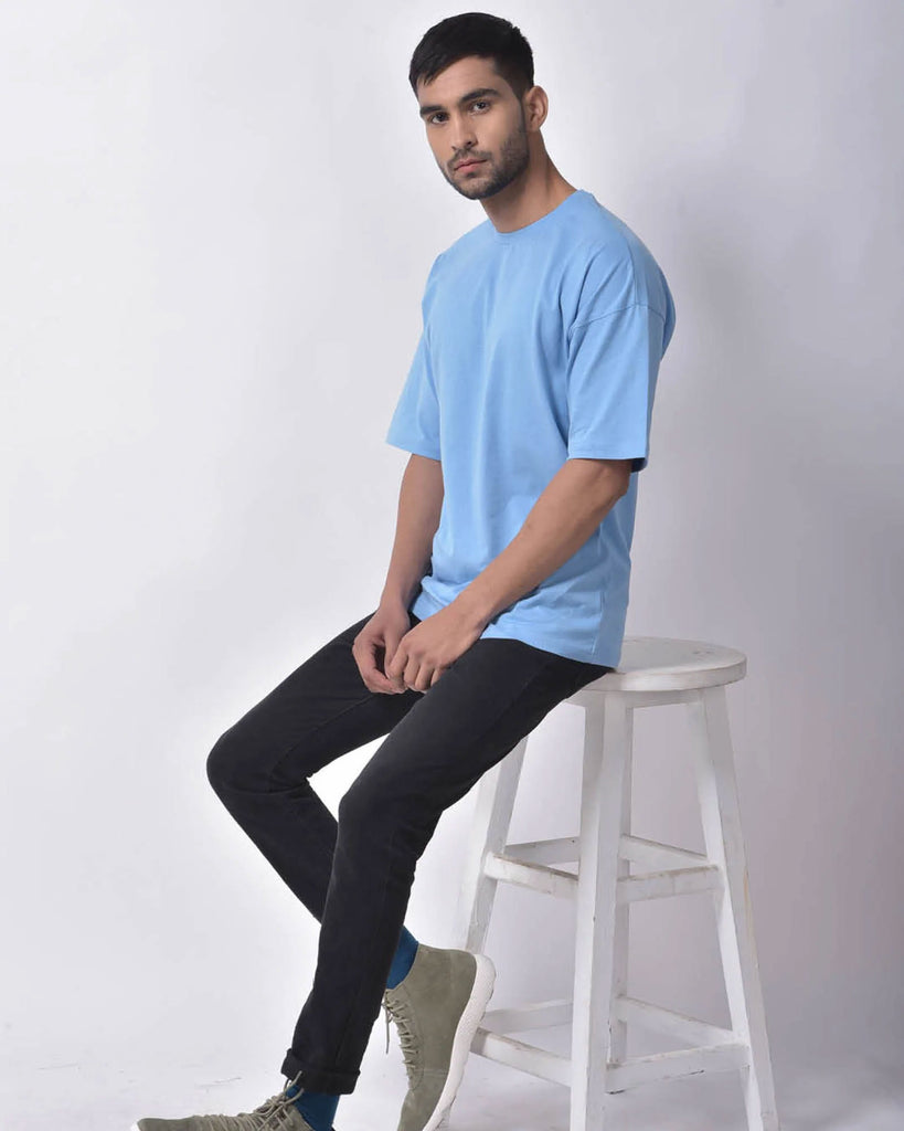 Melangebox Dropshoulder Crew Neck: Cyan Blue