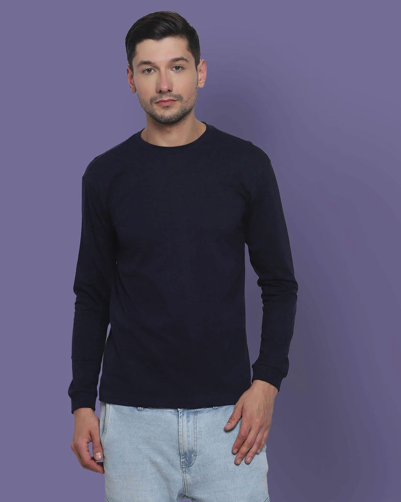 Melangebox Full Sleeves Crew Neck: Midnight Navy Blue