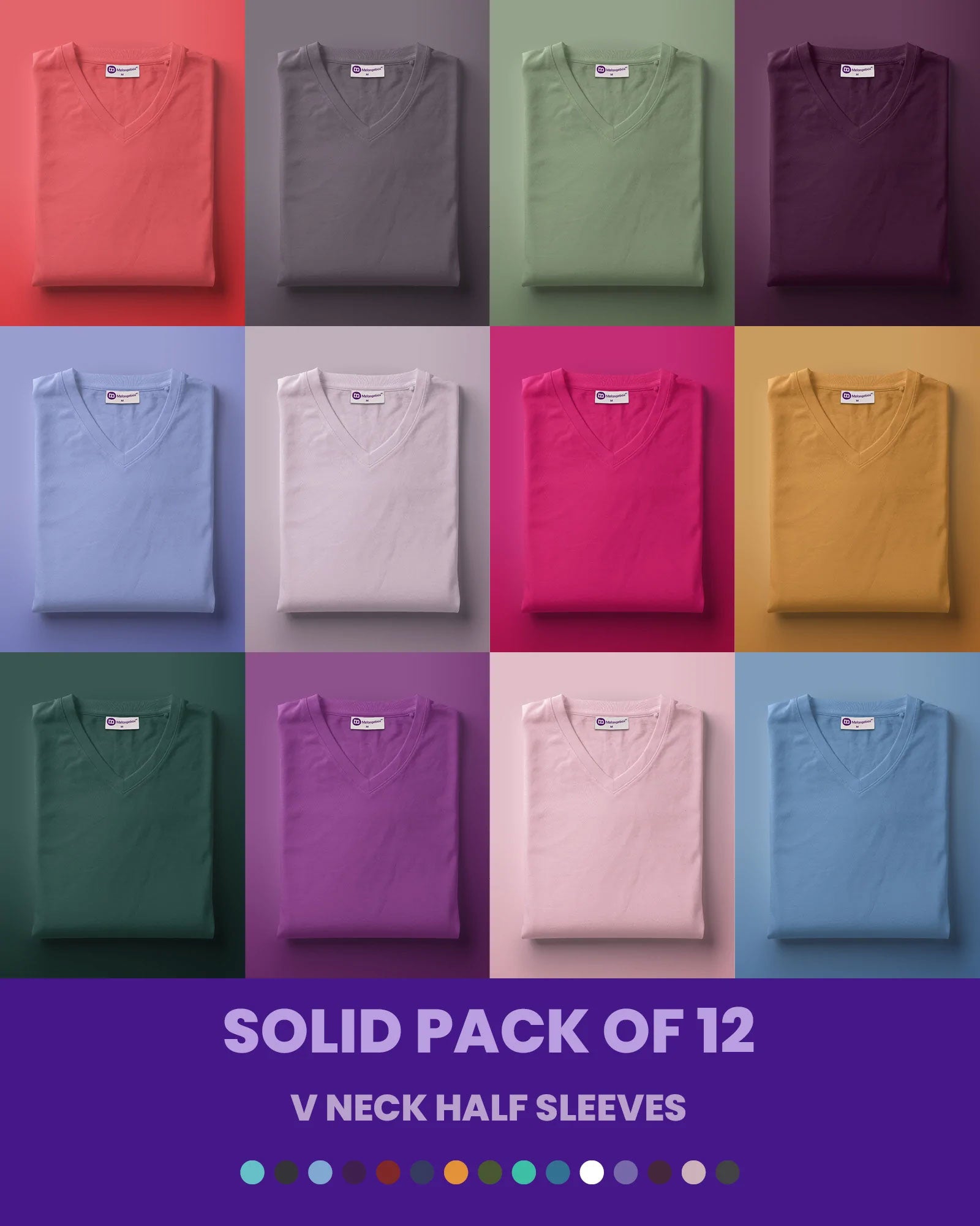 Melangebox Solid Pack Of 12: V Neck Half Sleeves