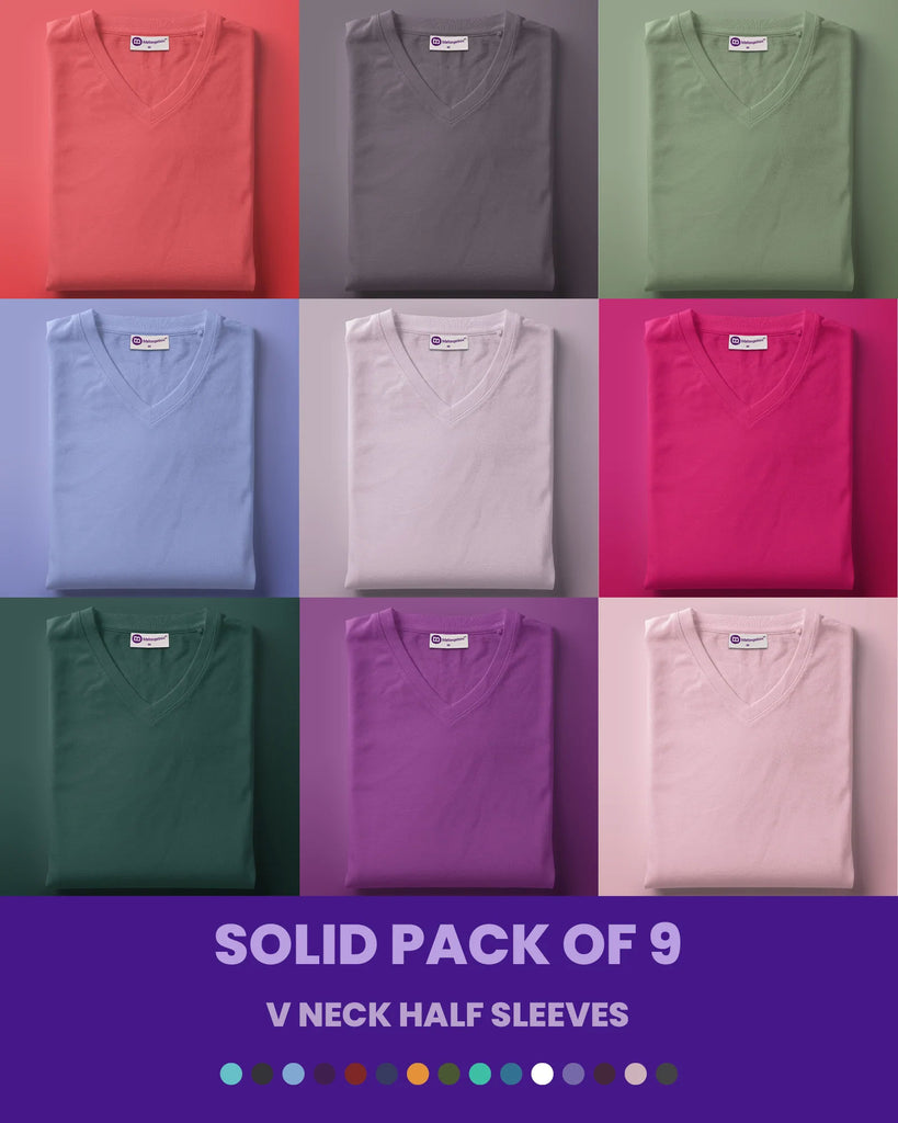 Melangebox Solid Pack of 9: V Neck Half Sleeves