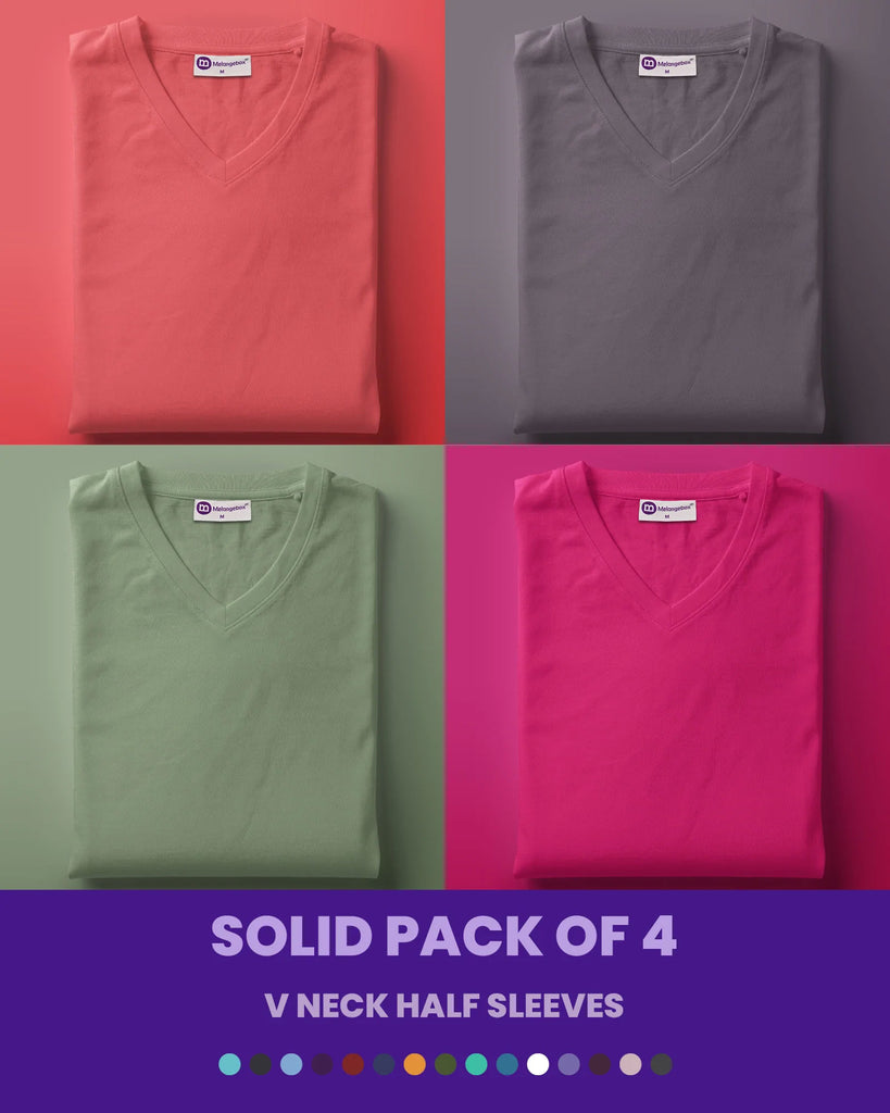 Melangebox Solid Pack of 4: V Neck Half Sleeves