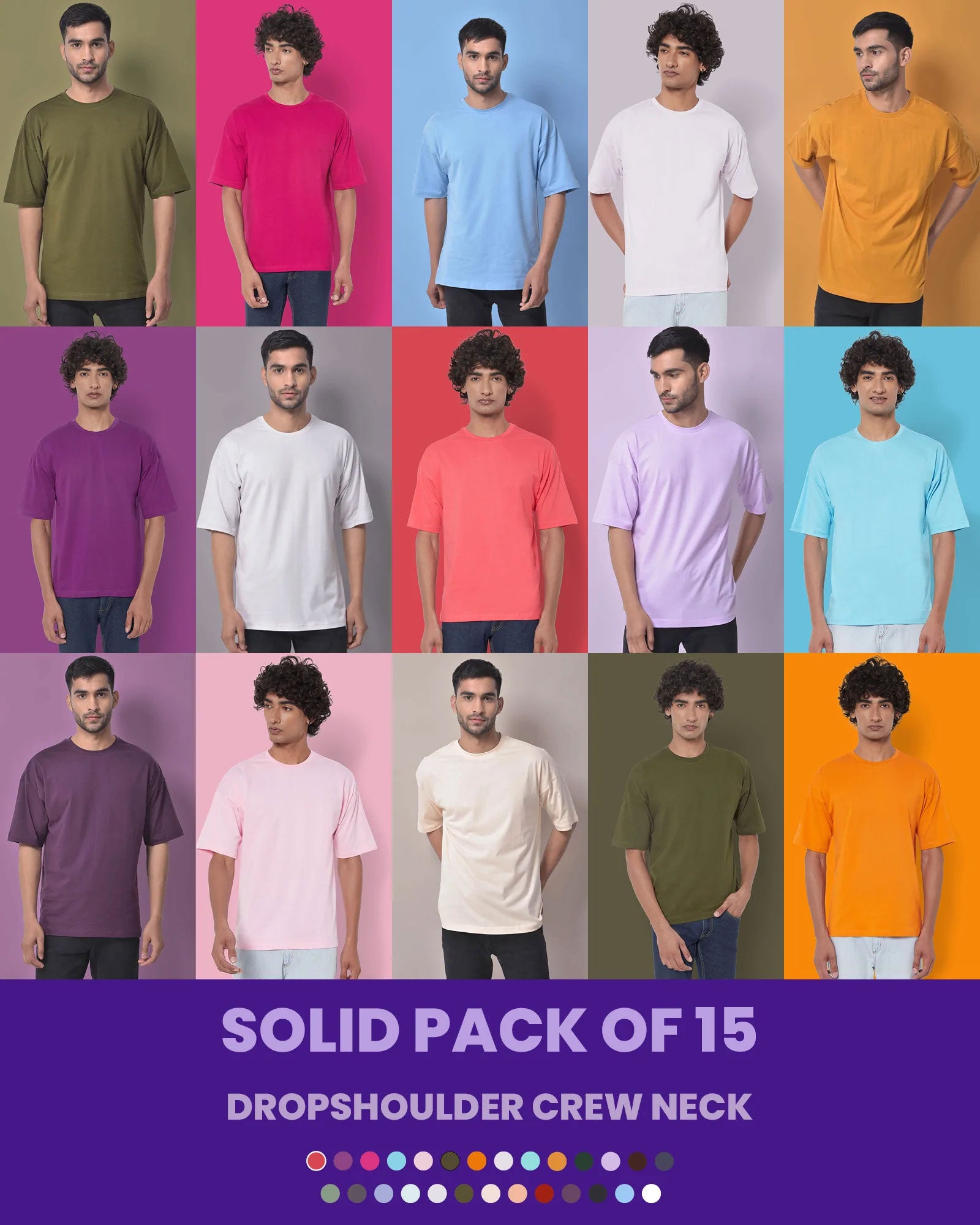 Melangebox Solid Pack of 15: Dropshoulder Crew Neck