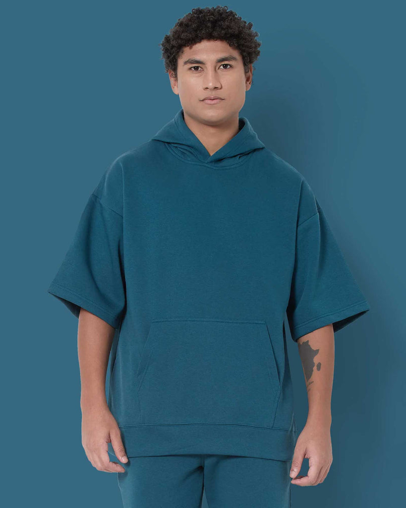 Melangebox Crop Sleeves Oversized Hoodie: Deep Teal Blue