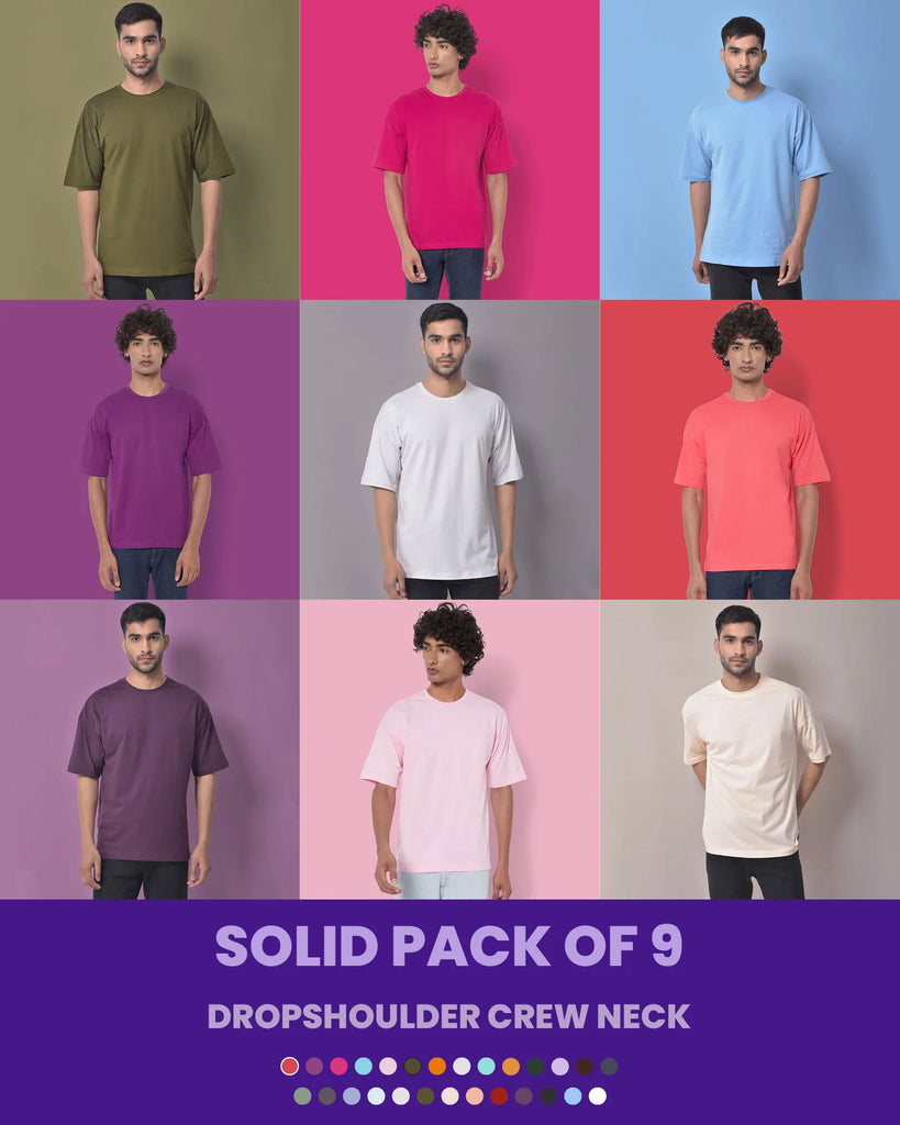 Melangebox Solid Pack of 9: Dropshoulder Crew Neck