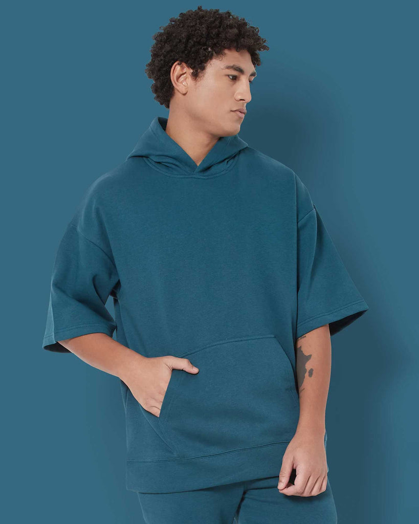 Melangebox Crop Sleeves Oversized Hoodie: Deep Teal Blue