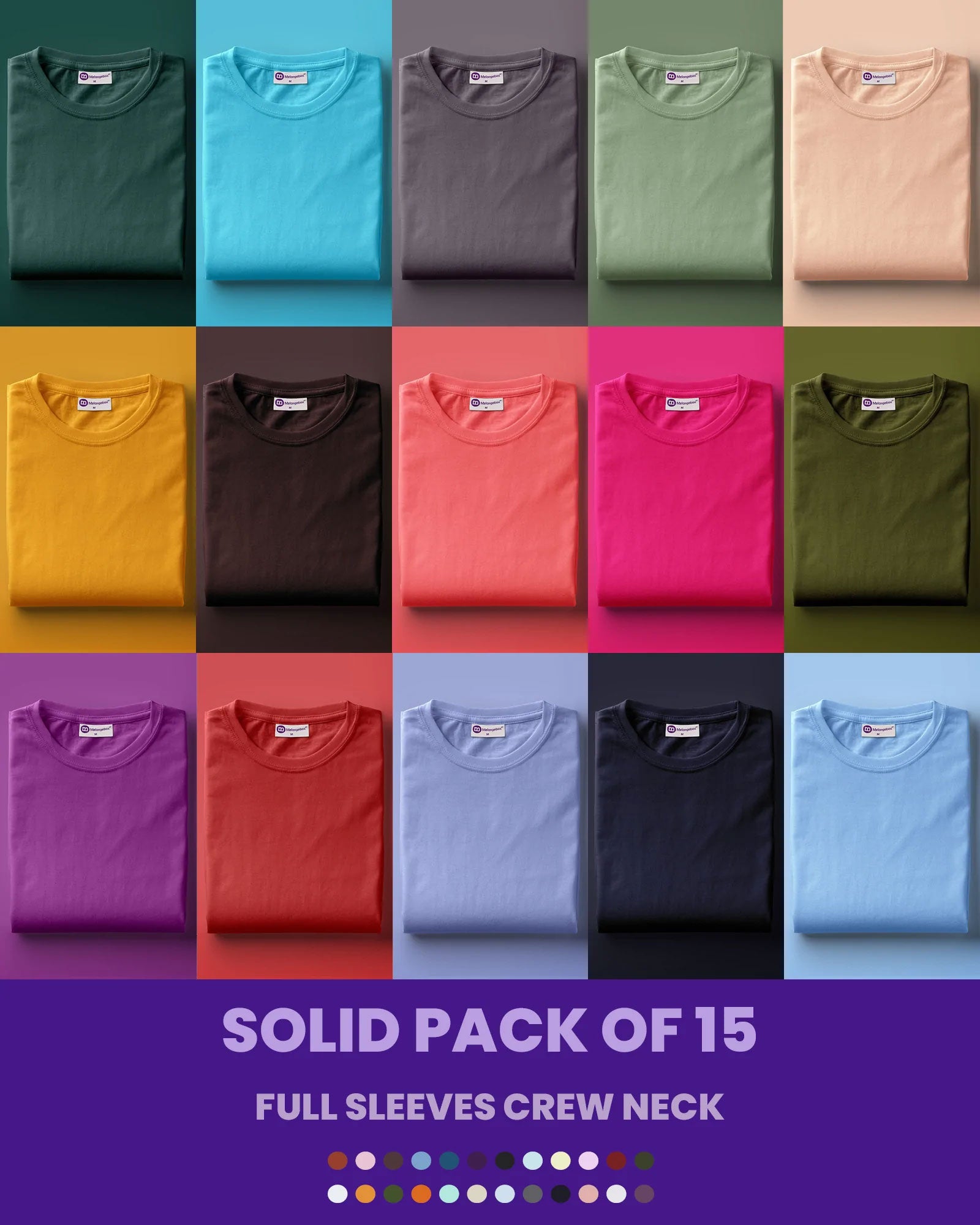 Melangebox Solid Pack of 15: Full Sleeves Crew Neck