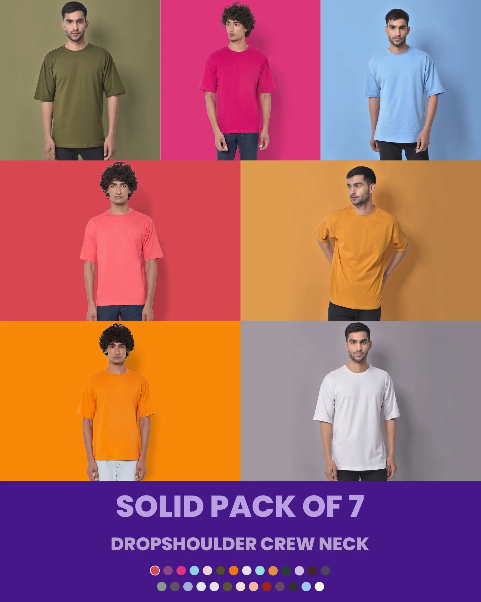 Melangebox Solid Pack of 7: Dropshoulder Crew Neck