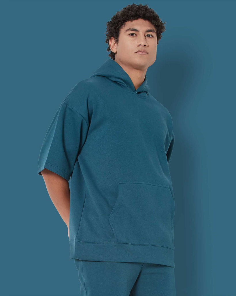 Melangebox Crop Sleeves Oversized Hoodie: Deep Teal Blue