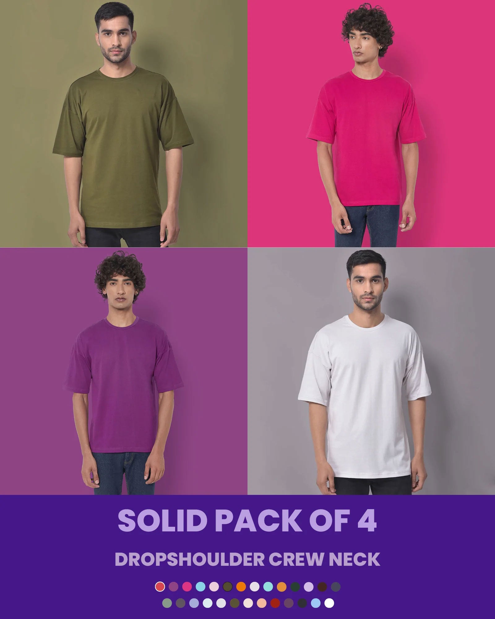Solid Pack of 4: Dropshoulder Crew Neck