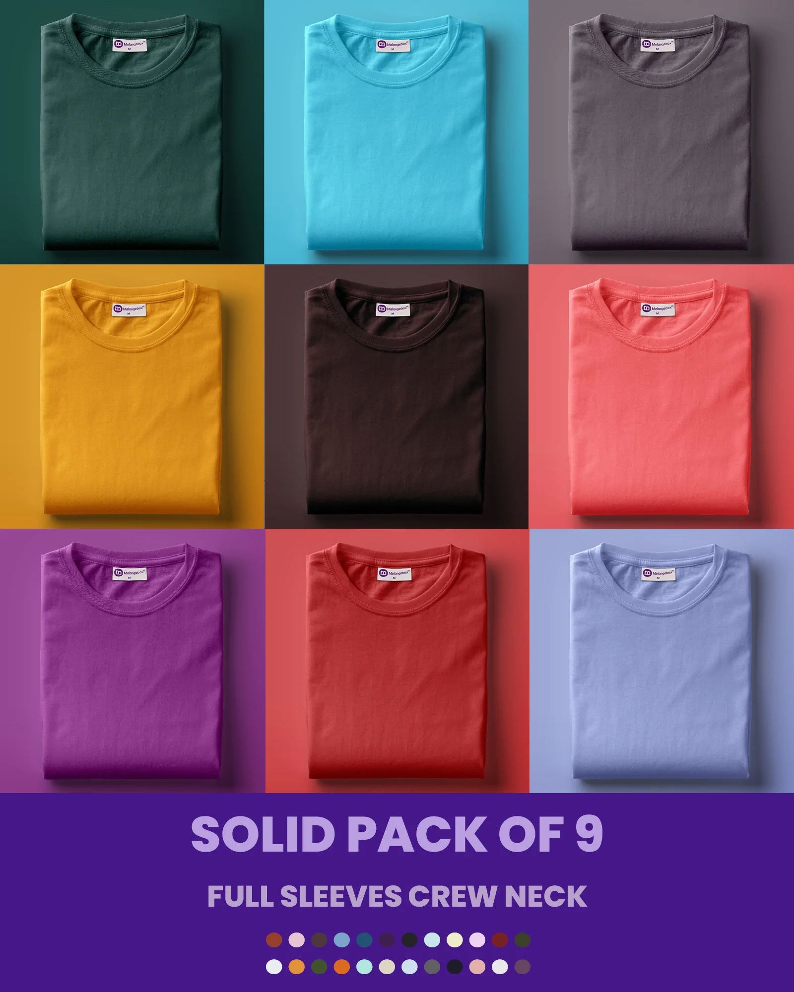 Solid Pack of 9: Full Sleeves Crew Neck