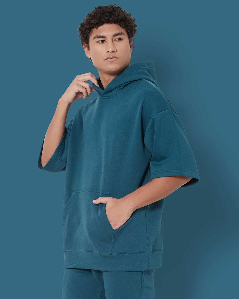 Melangebox Crop Sleeves Oversized Hoodie: Deep Teal Blue