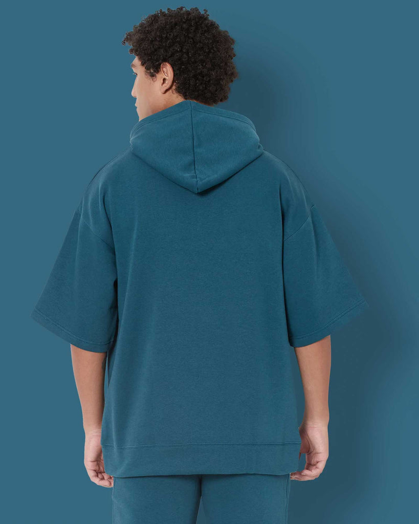 Melangebox Crop Sleeves Oversized Hoodie: Deep Teal Blue