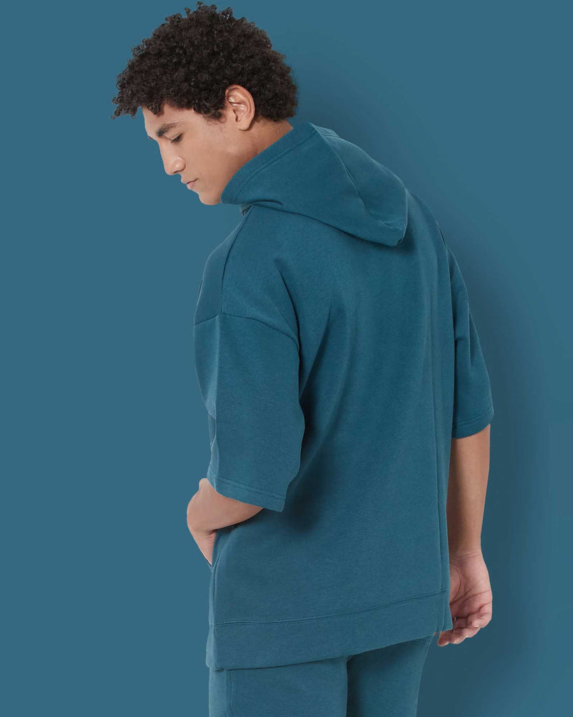 Melangebox Crop Sleeves Oversized Hoodie: Deep Teal Blue