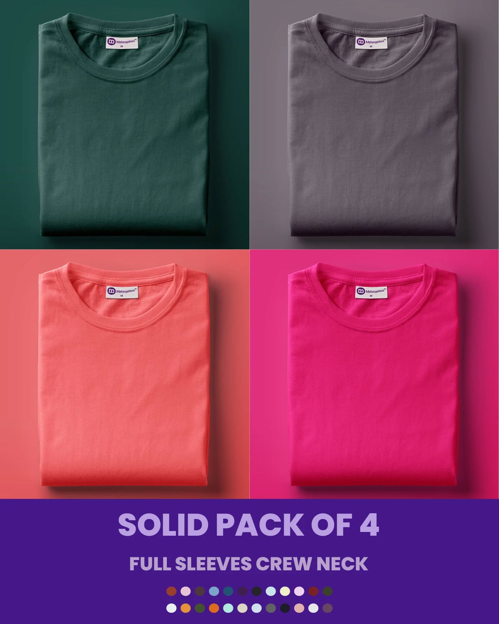 Solid Pack of 4: Full Sleeves Crew Neck