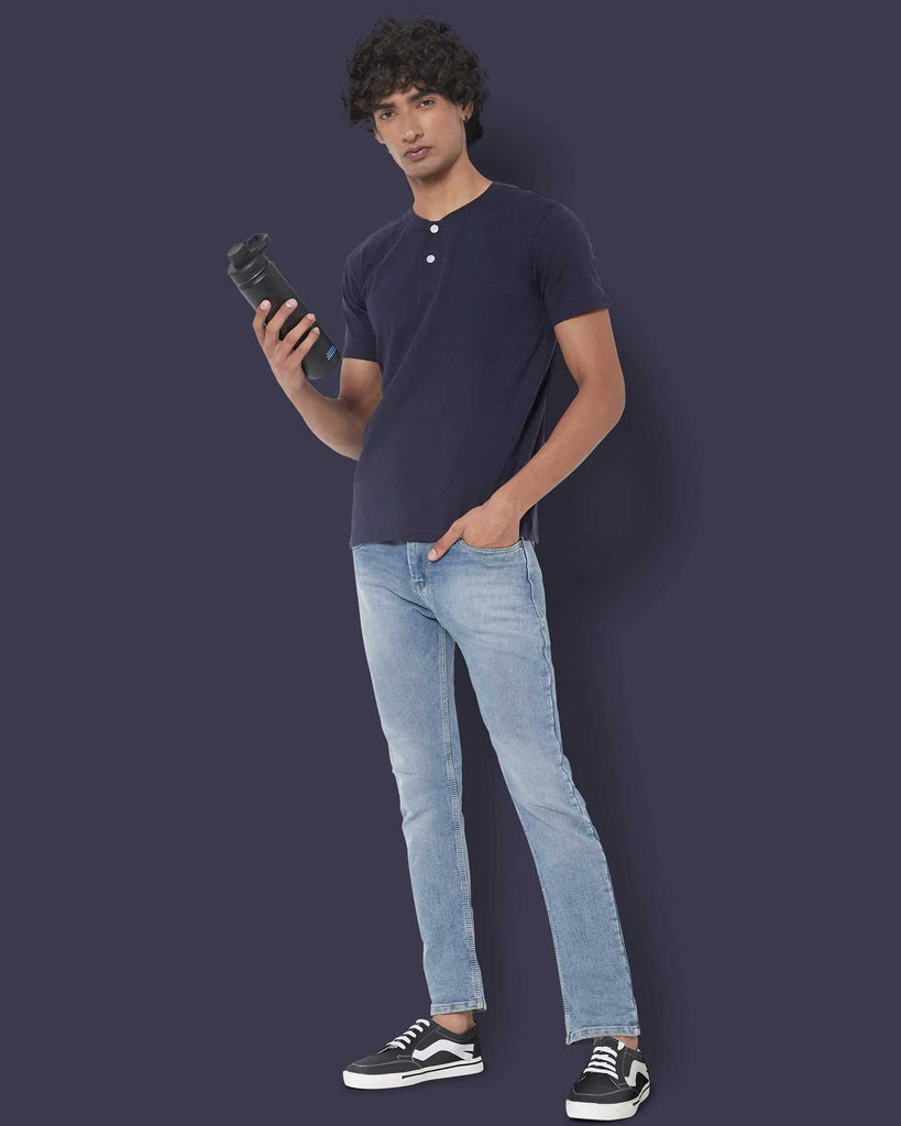 Melangebox Half Sleeves Henley: Navy Blue