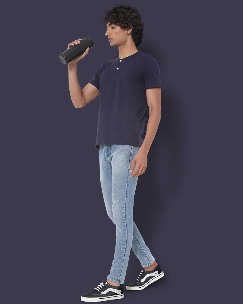 Melangebox Half Sleeves Henley: Navy Blue