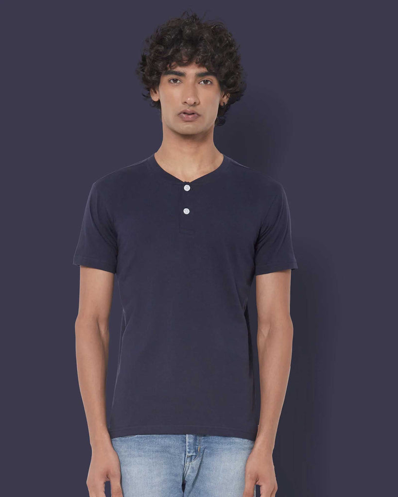 Melangebox Half Sleeves Henley: Navy Blue