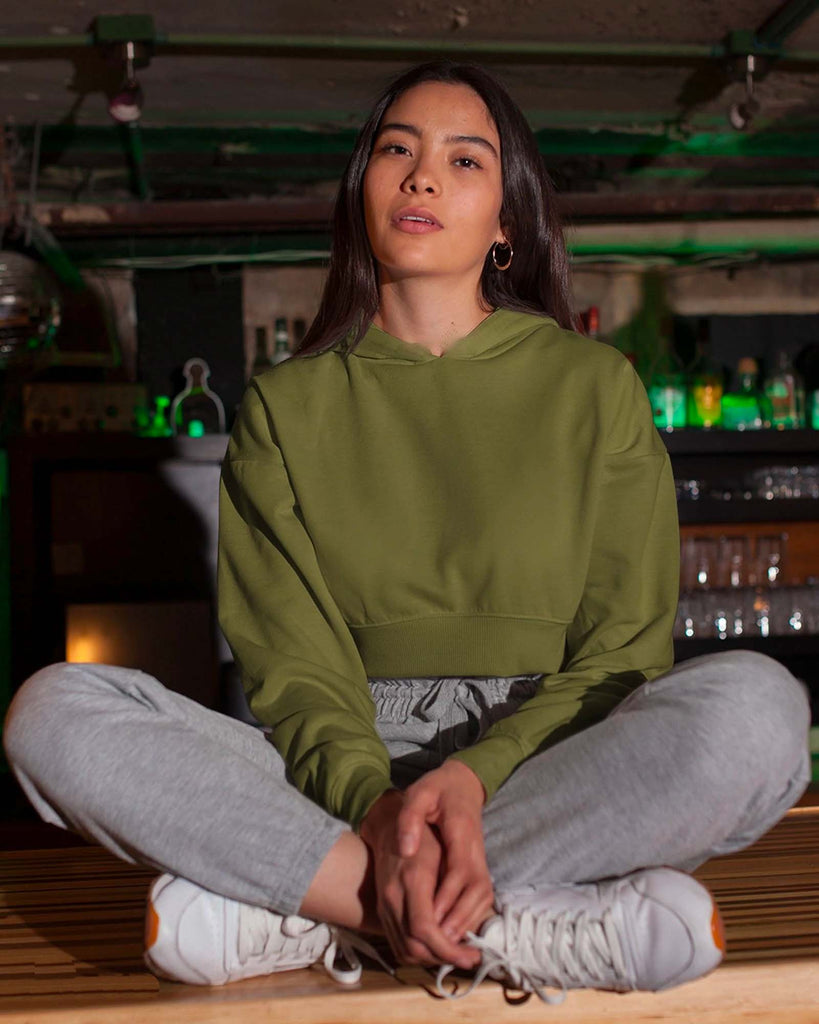 Melangebox Drop Shoulder Crop Hoodie: The Olive Green