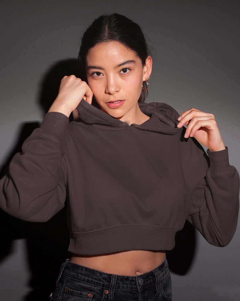 Melangebox Drop Shoulder Crop Hoodie: Chocolate