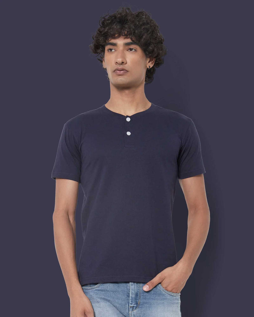 Melangebox Half Sleeves Henley: Navy Blue