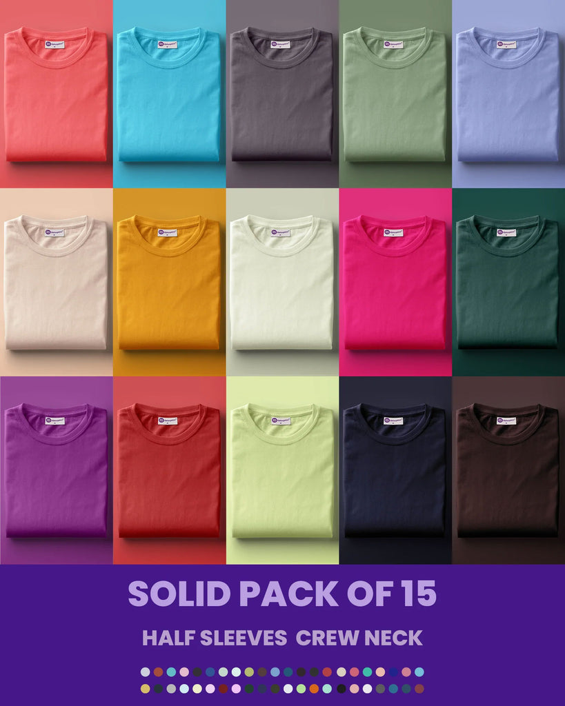 Melangebox Solid Pack of 15: Half Sleeves Crew Neck