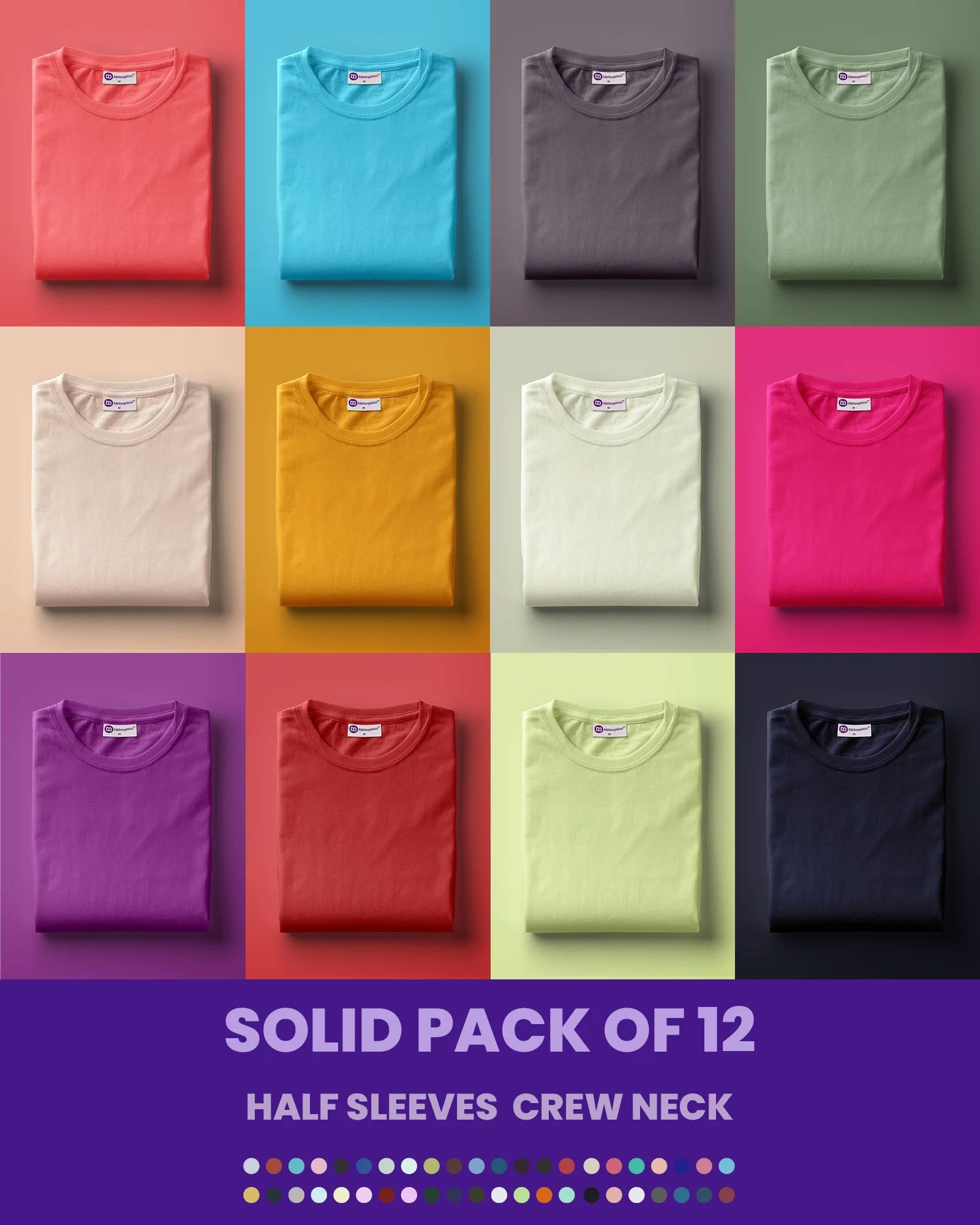 Melangebox Solid Pack of 12: Half Sleeves Crew Neck