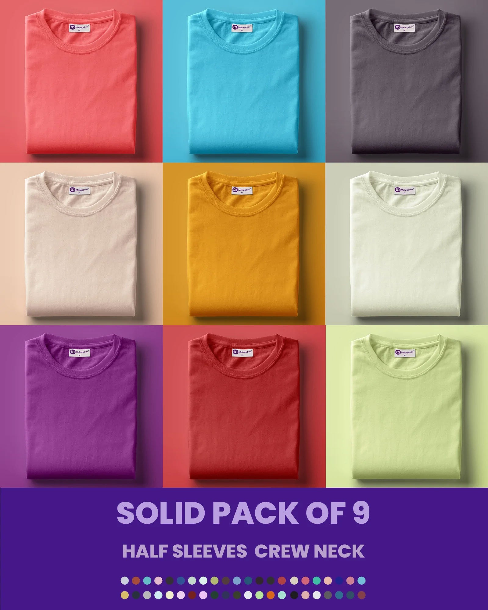 Melangebox Solid Pack of 9: Half Sleeves Crew Neck