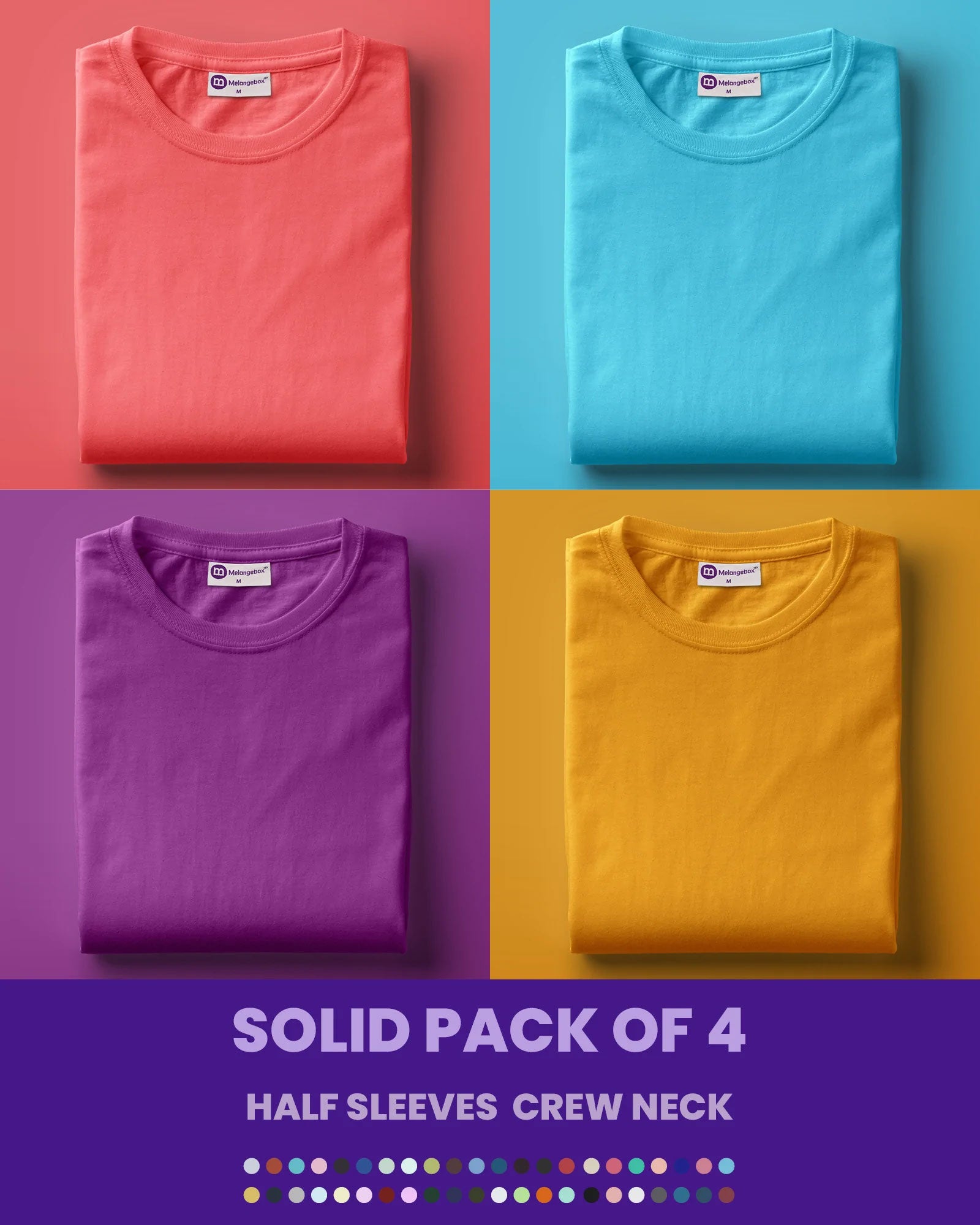 Melangebox Solid Pack of 4: Half Sleeves Crew Neck