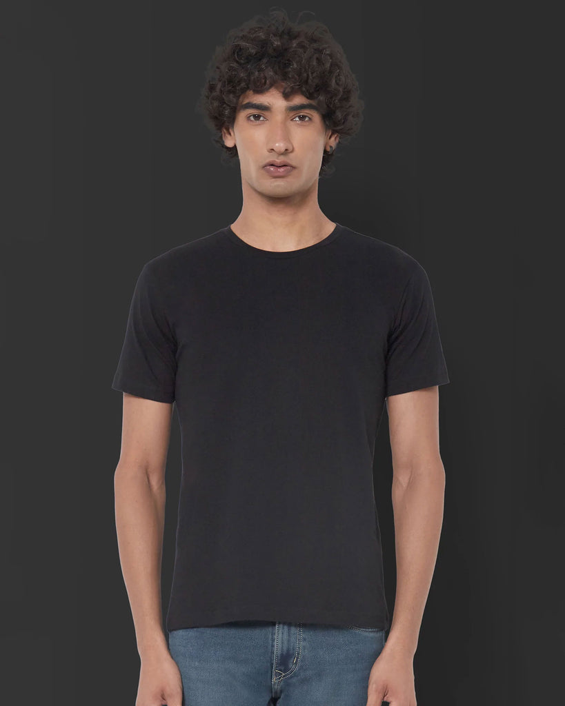 Melangebox Half Sleeves Crew Neck: Solid Black